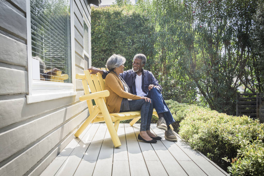 Couple sitting on a bench outside together having a conversation