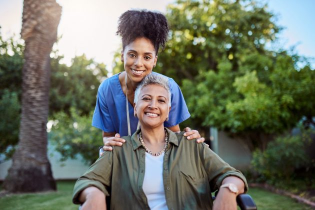 Senior woman, wheelchair and medical nurse in nursing home or Brazil house garden in trust, life insurance security or support. Portrait, smile and happy retirement volunteer in disability healthcare